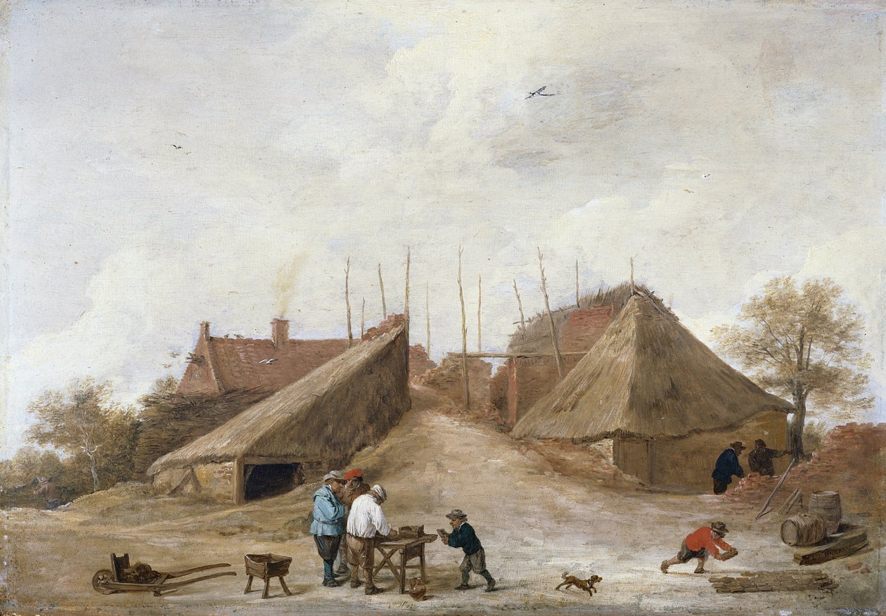 Um quintal de fazenda com figuras em volta de uma mesa de David Teniers the Younger