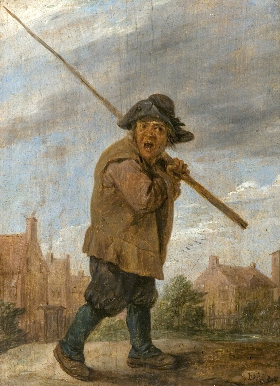 Um camponês carregando um poste de David Teniers the Younger