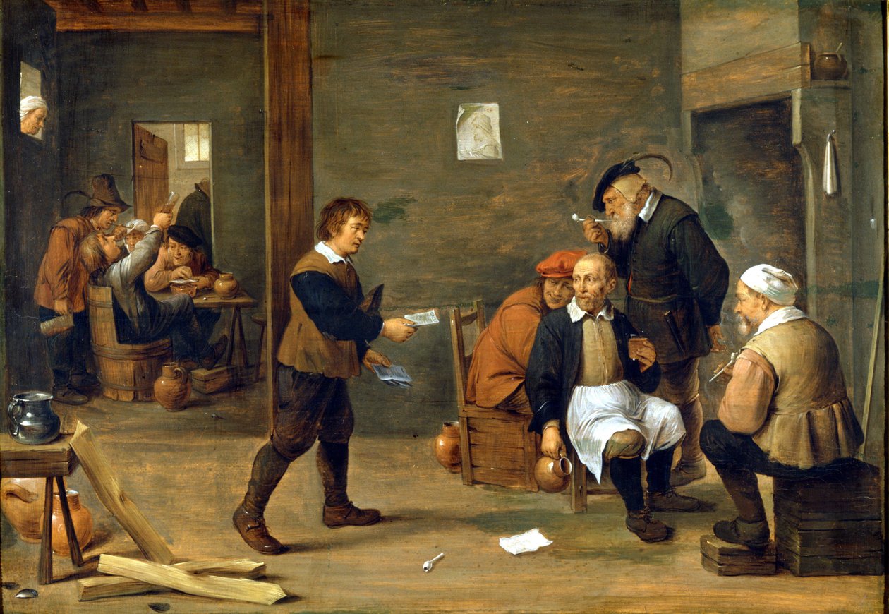Um grupo de homens a aquecer em frente a uma chaminé. Pintura de David Teniers dit Le Jeune (1610 - 1690) Milan, Museo del castello. de David Teniers the Younger