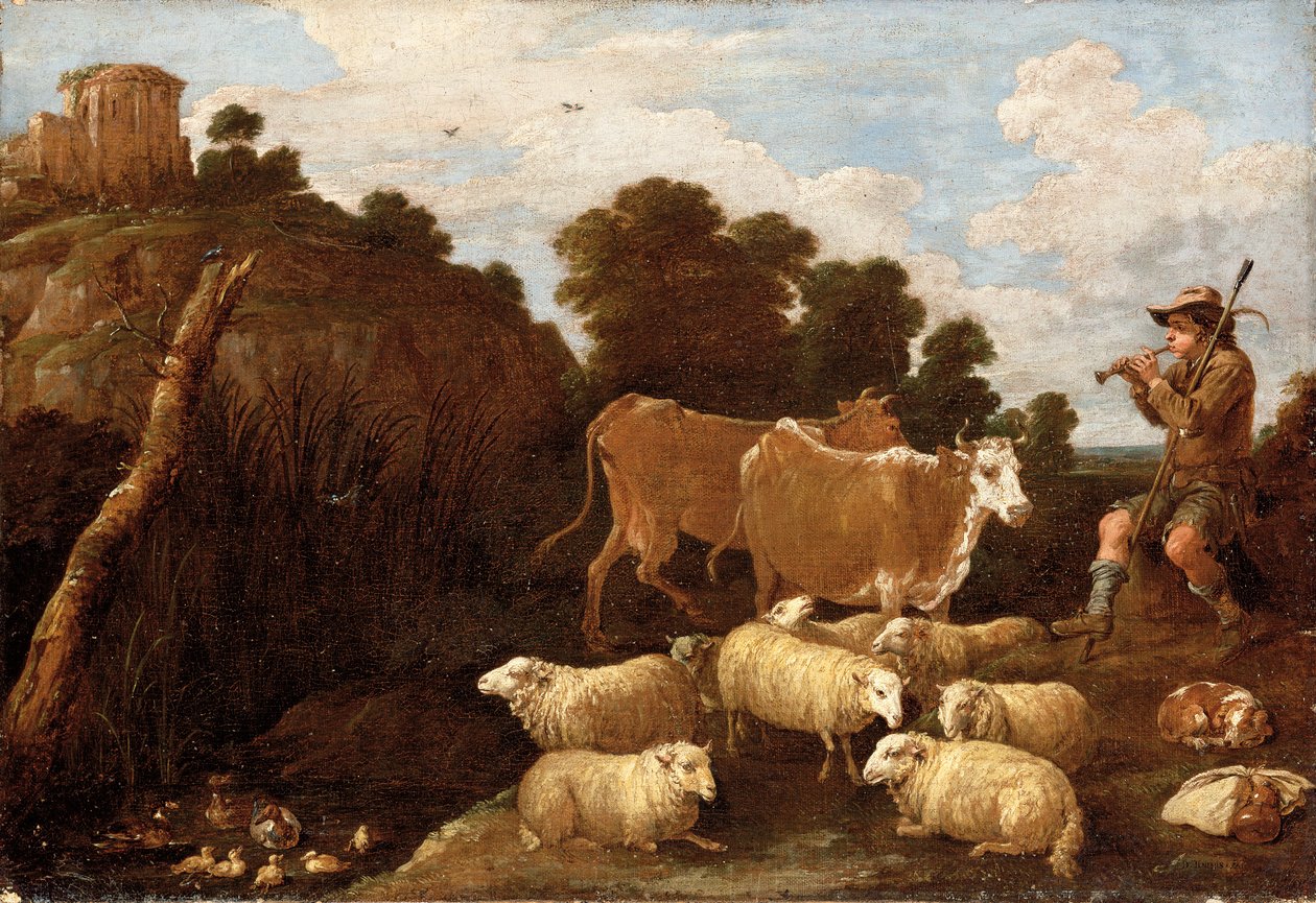 Uma paisagem do rio com um pastor tocando um cachimbo com ruínas clássicas no topo de uma colina além de David Teniers the Younger