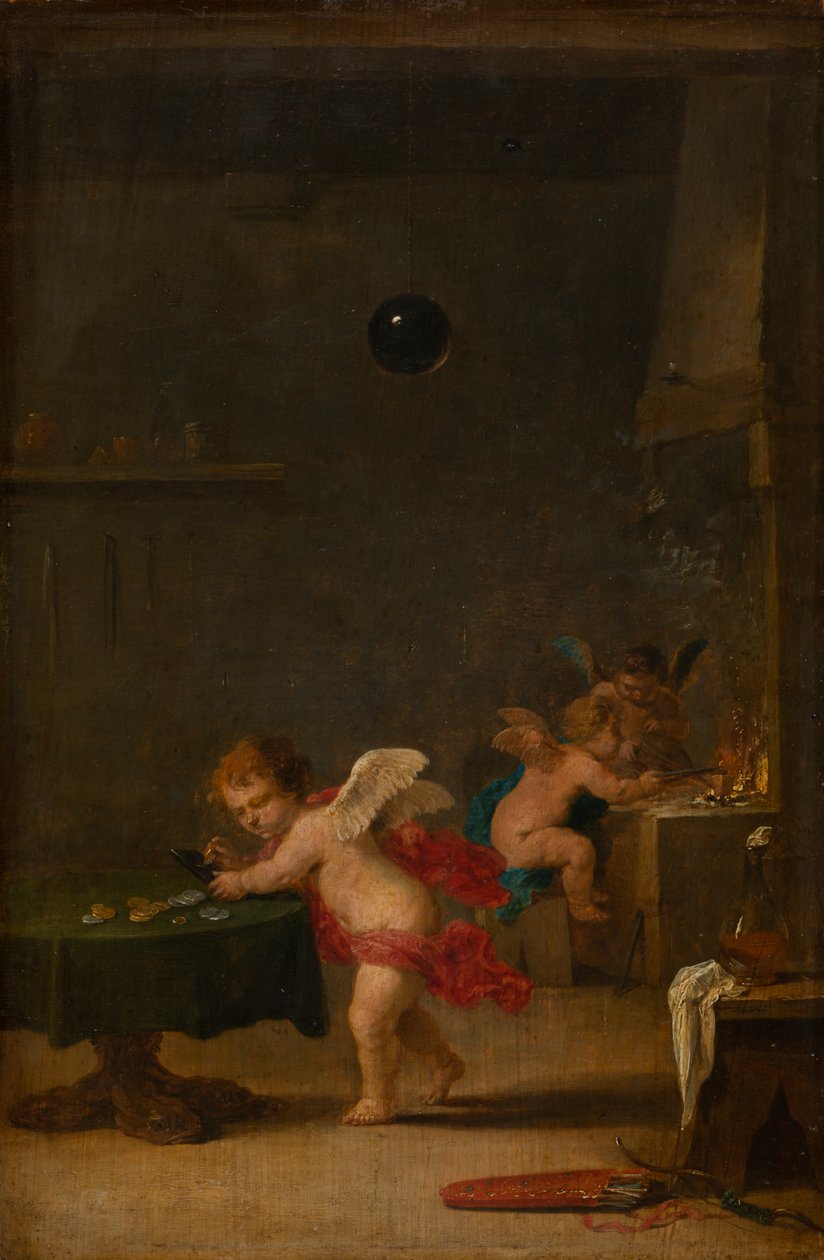 Amoretti na oficina de um alquimista, c.1635-37 (óleo sobre madeira de carvalho) de David the Younger Teniers