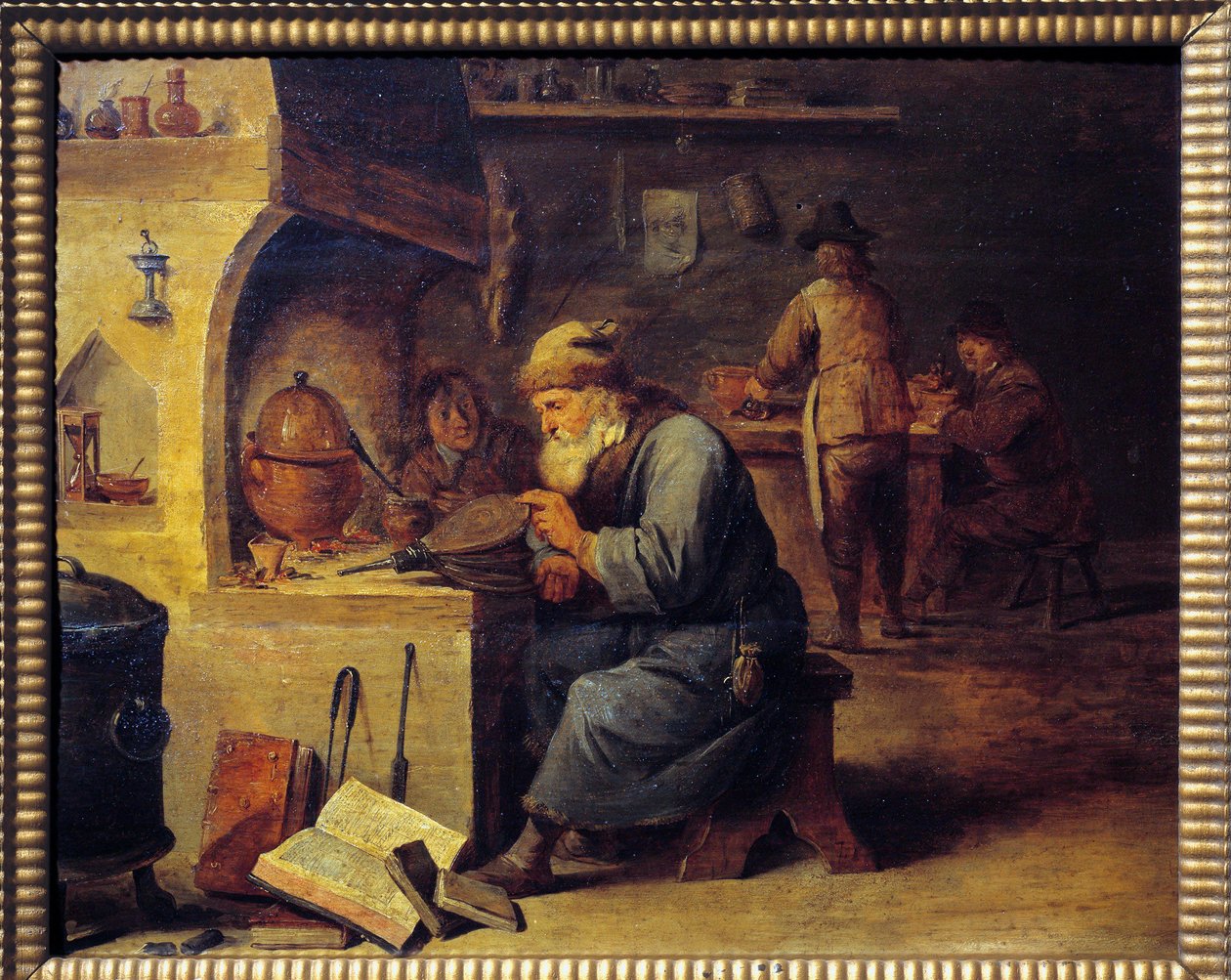 Um alquimista. Pintura de David Teniers II dit David Le Jeune (1610 - 1690), Ec. Flam de David Teniers the Younger