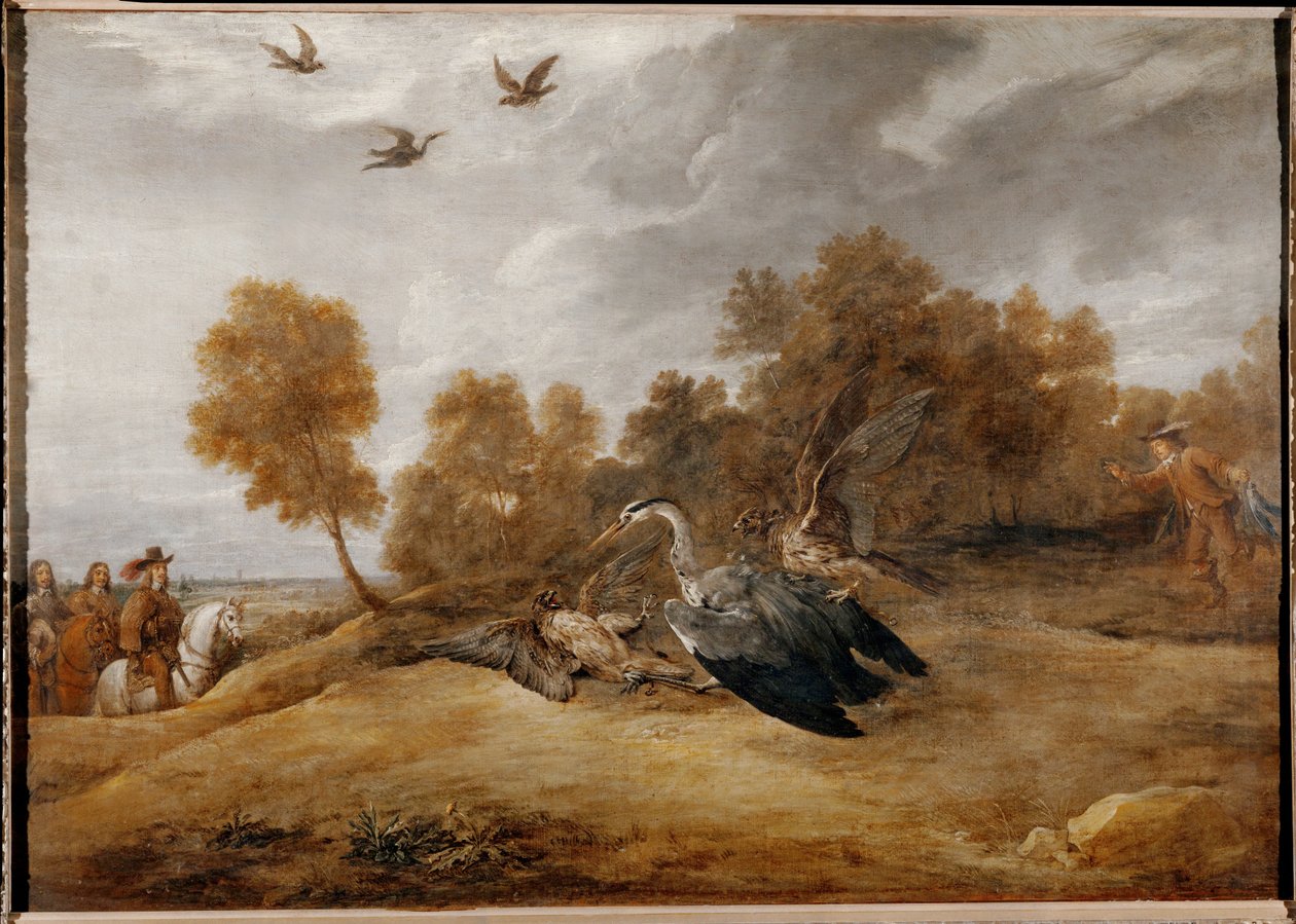 O arquiduque Leopoldo Guilherme caça garças com falcões ... de David the Younger Teniers