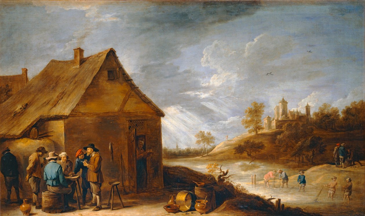 Cabaret perto de um rio com pescadores de rede ... de David the Younger Teniers