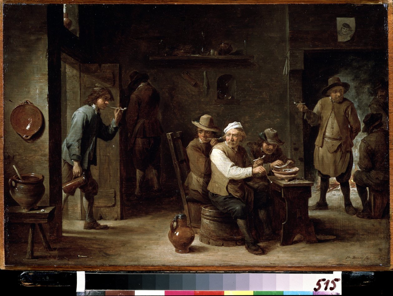 Na Taberna. Pintura de David Tenier o mais novo (1610-1690). Óleo sobre madeira, 36,2 x 52,6 cm, ca. 1640. Escola flamenga, arte barroca. Pushkin Museum of Fine Arts, Moscovo. de David Teniers the Younger
