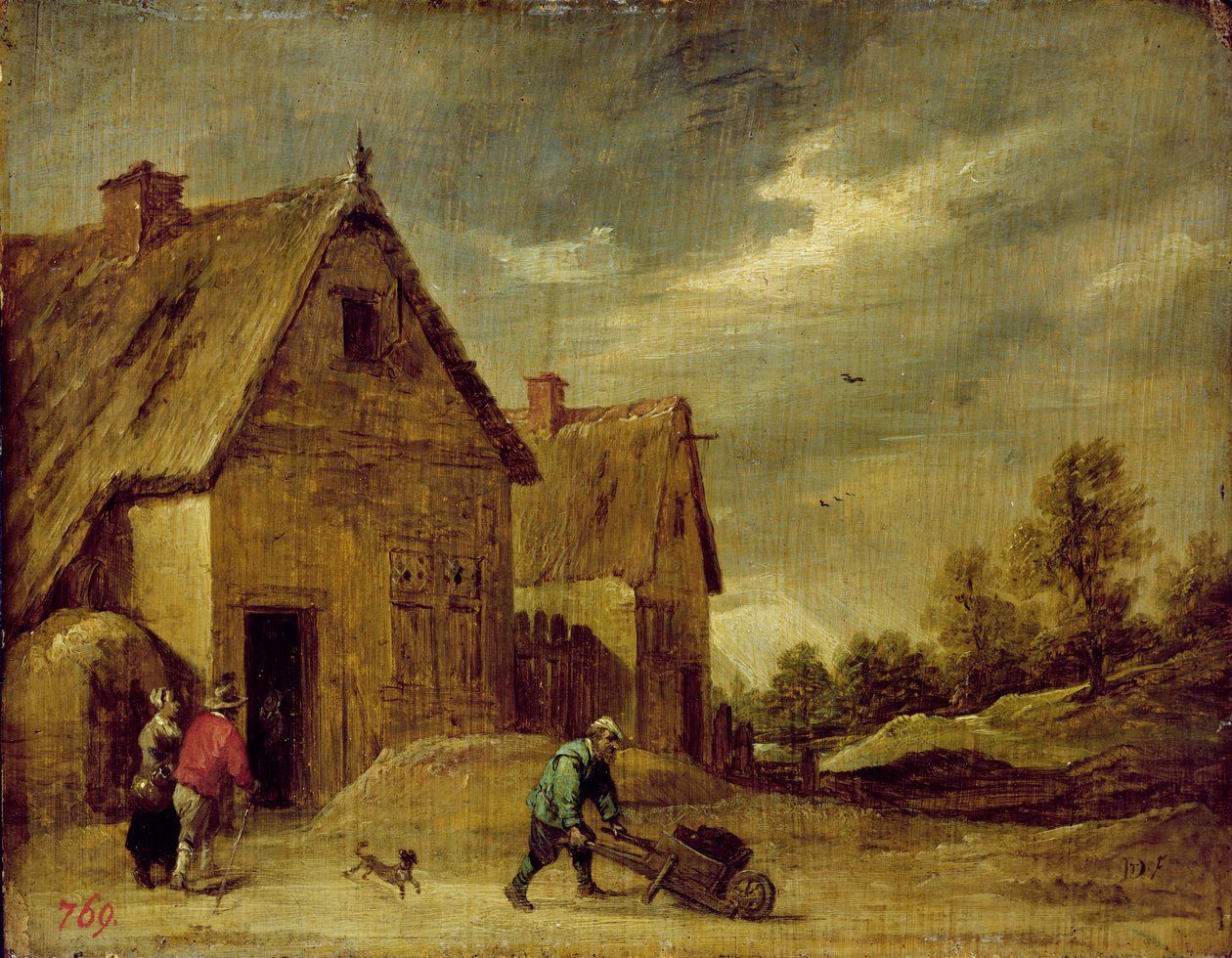 Agricultor com carrinho de mão (óleo em carvalho) de David Teniers the Younger