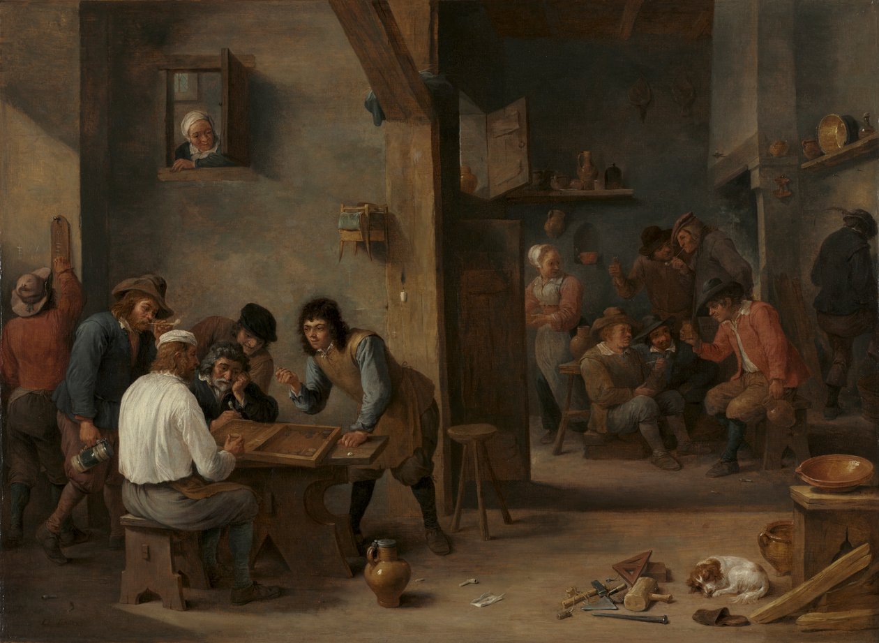 Jogo de Gamão, c.1640 (óleo sobre madeira, transferido para lona) de David Teniers the Younger