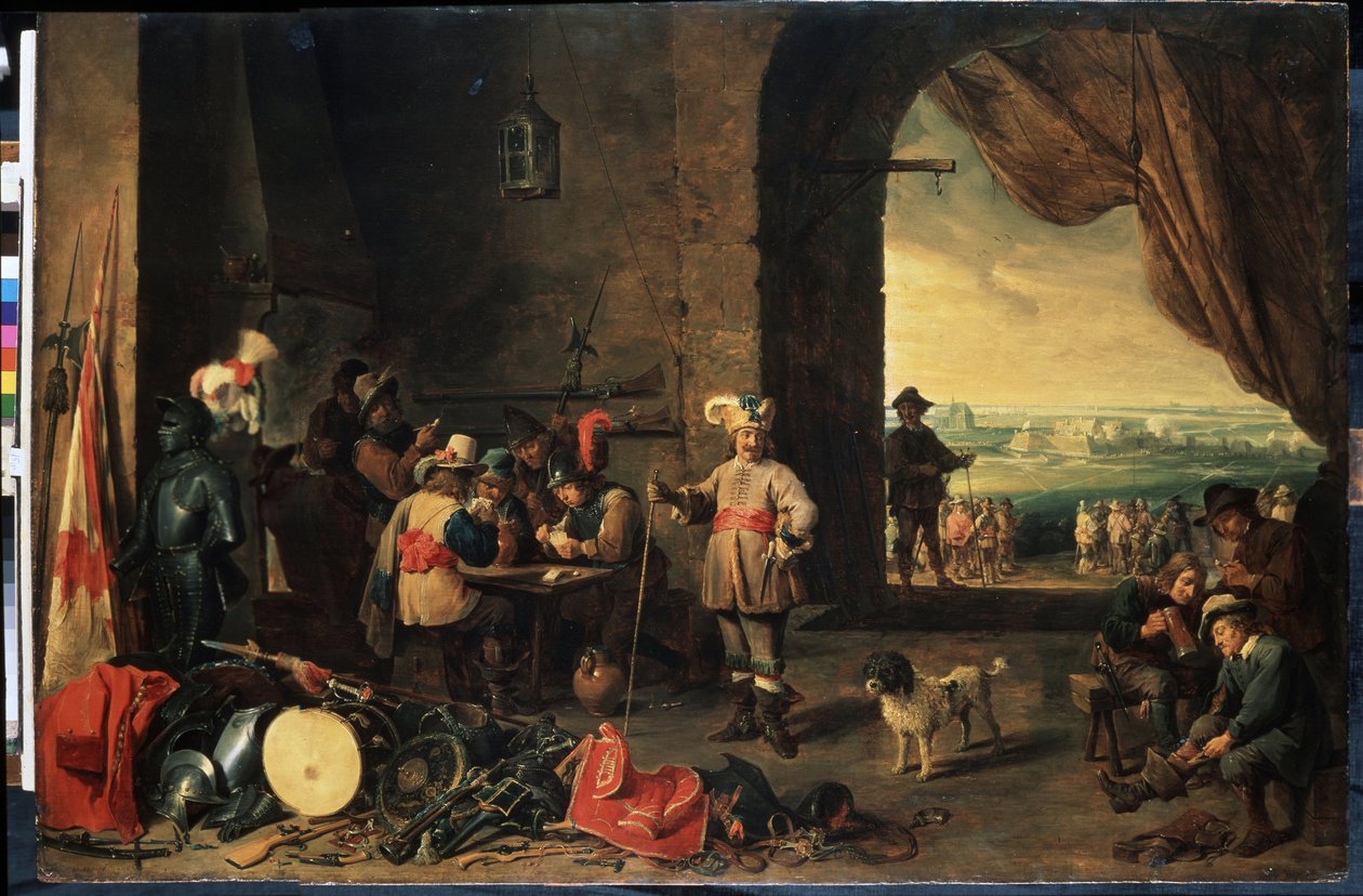 A sala da guarda. Pintura de David Teniers, o jovem (1610-1690). Óleo sobre madeira, 69 x 103 cm de David Teniers the Younger