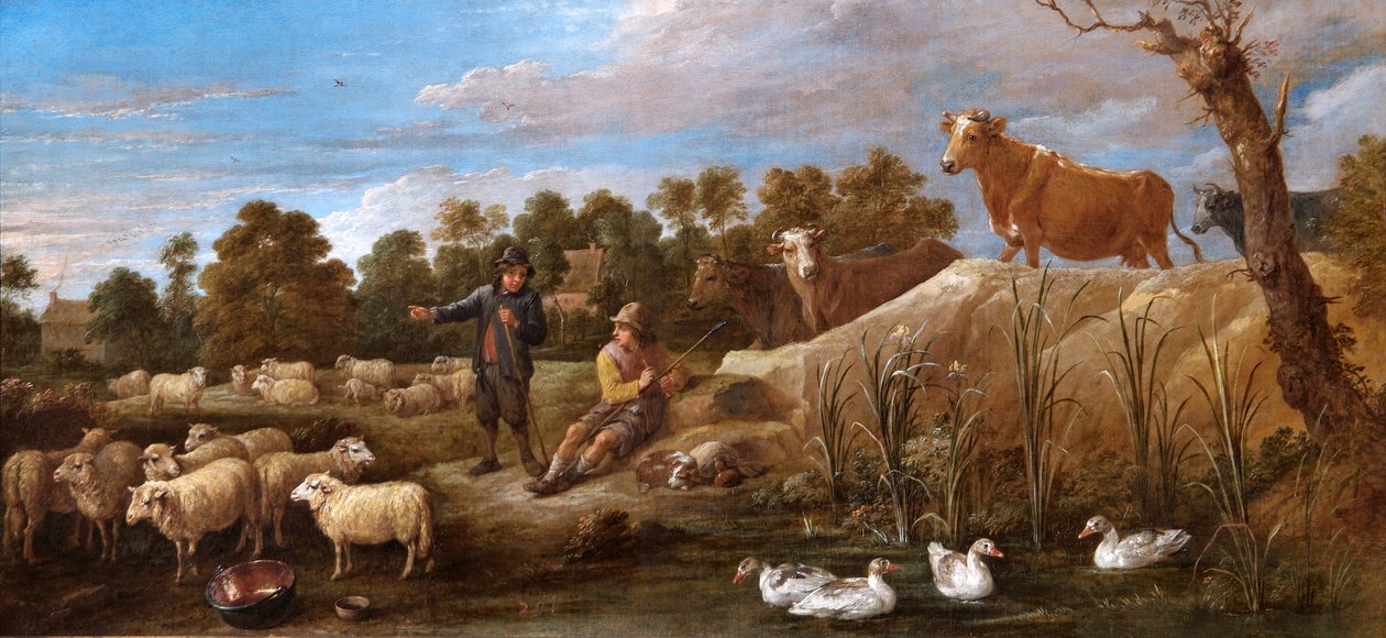 Paisagem Com Dois Pastores, Gado e Patos (óleo sobre tela) de David Teniers the Younger