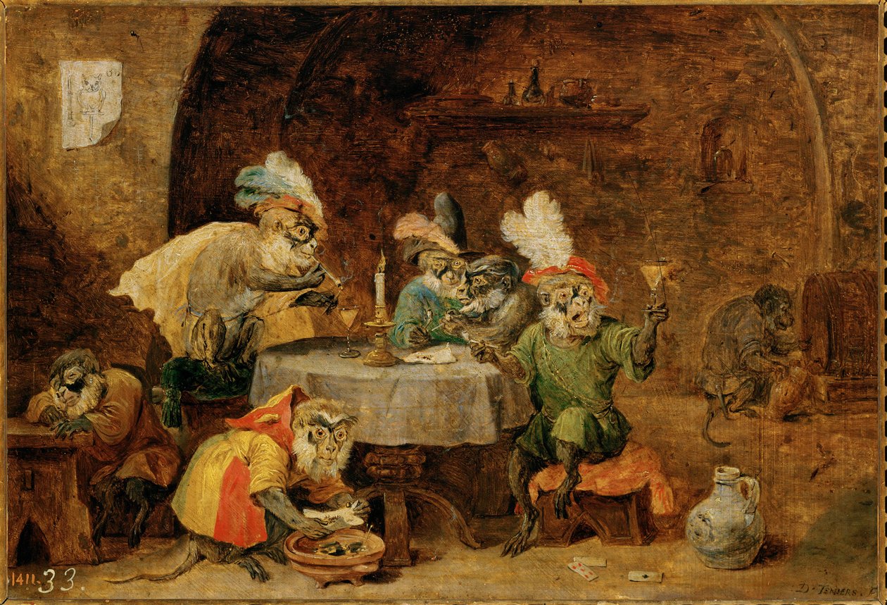 Macacos que bebem e fumam ... de David the Younger Teniers