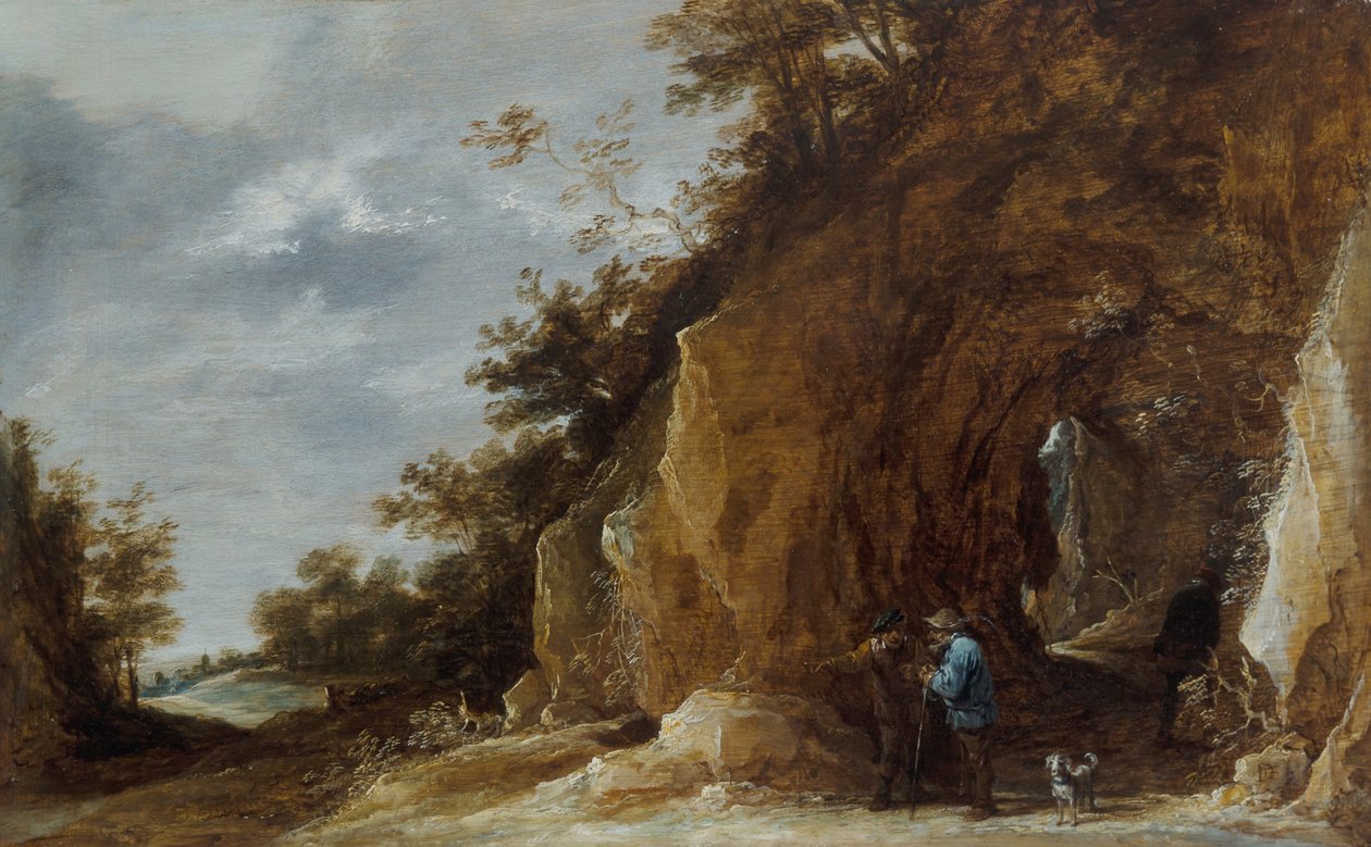 Camponeses a descansar num caminho numa paisagem arborizada rochosa de David Teniers the Younger