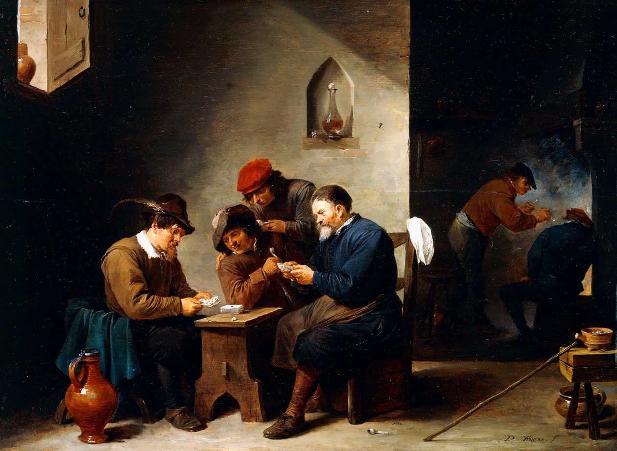 Camponeses em cartões em uma casa de campo, c.1644-45 de David Teniers the Younger