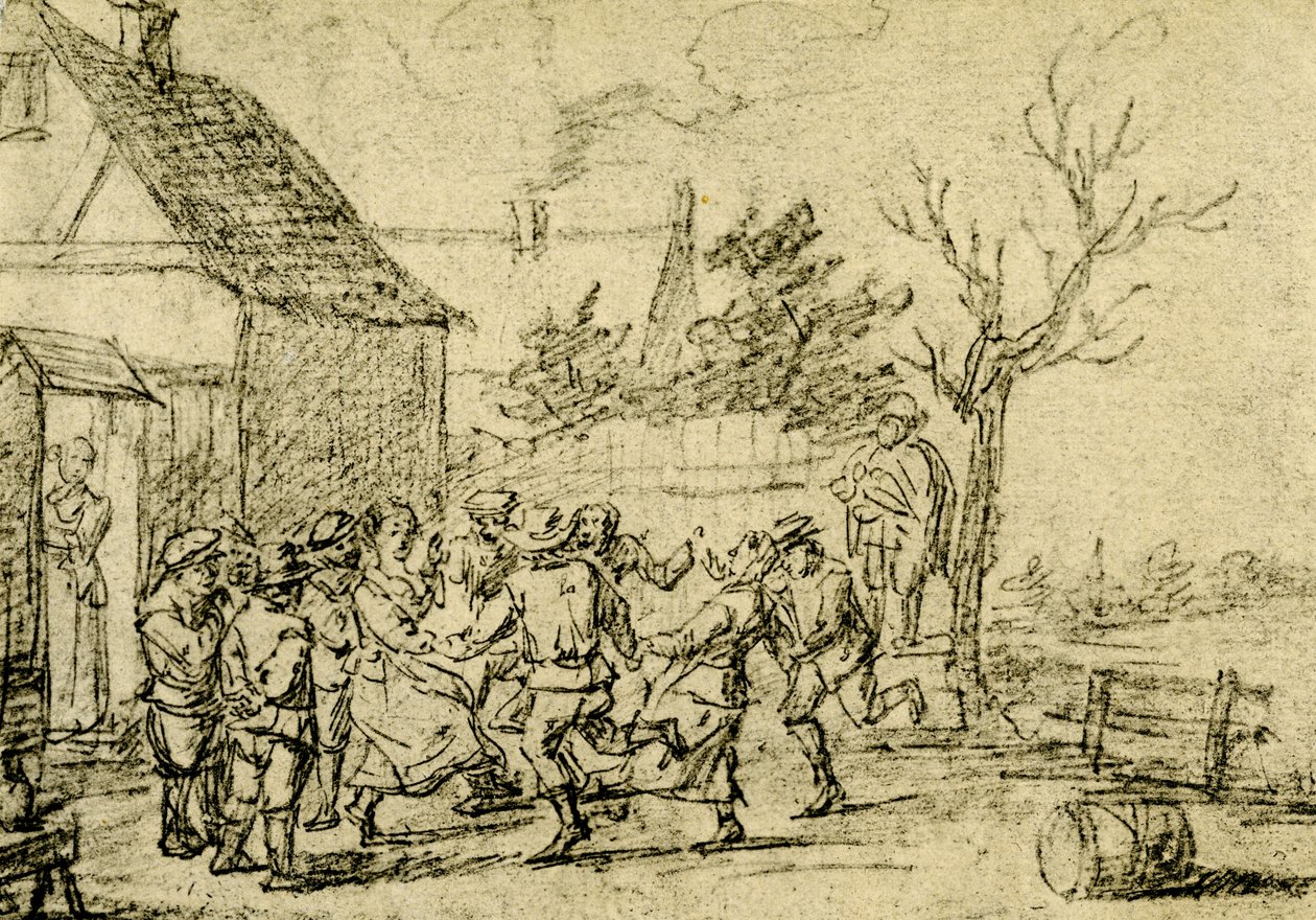 Camponeses dançando na frente de uma casa de David Teniers the Younger