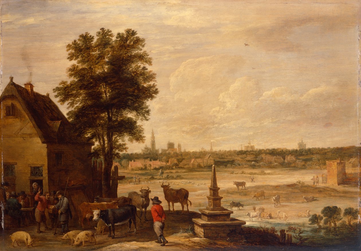 Os camponeses que conseguem um acordo de compra sobre a venda de um porco na fronteira da cidade de Antuérpia (óleo sobre painel) de David Teniers the Younger