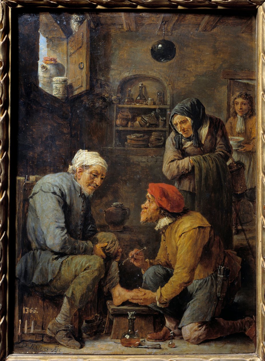 Cirurgia Um homem apreendido para abrir o pé do paciente. Pintura de David Teniers II, o Jovem (1610-1690) Sol do século XVII. 0,33x0,25 m Madrid, Museu do Prado de David Teniers the Younger