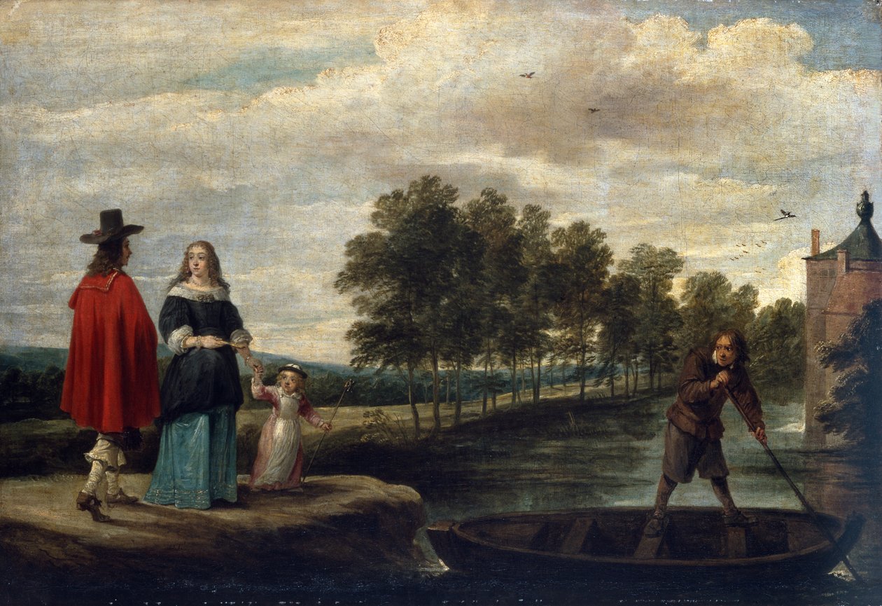 O artista, sua esposa e filho pelo fosso de sua mansão, Perck (óleo sobre tela) de David Teniers the Younger