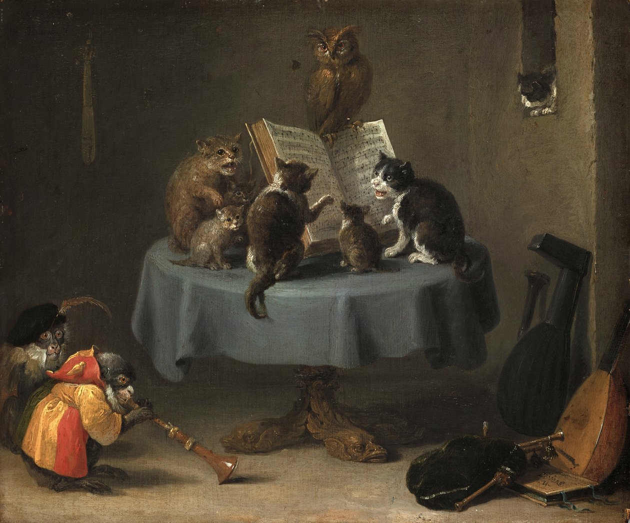 O Concerto dos Gatos por Teniers, David, o Jovem (1610-1690). Óleo sobre madeira, tamanho : 26x31,5 de David Teniers the Younger