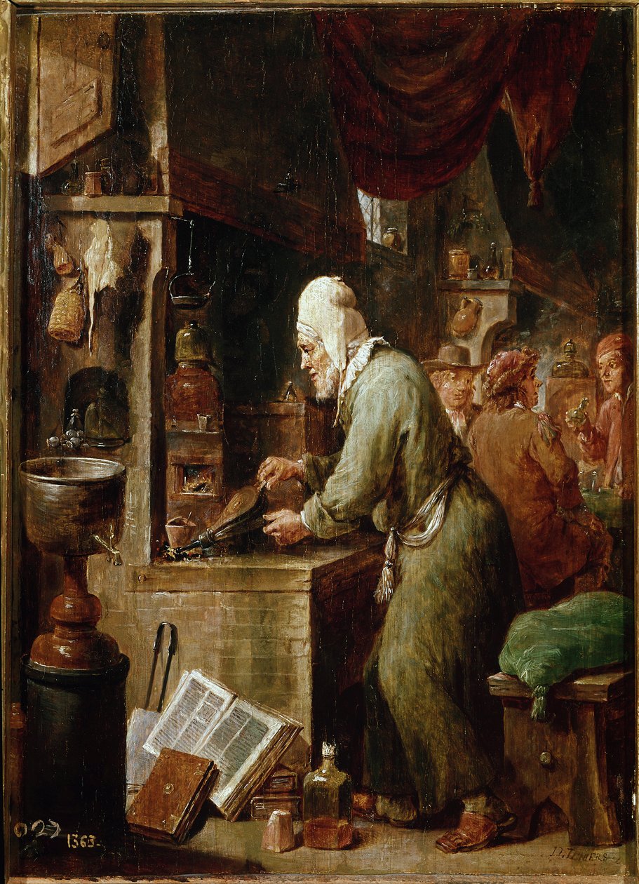 O alquimista (óleo sobre painel de David Teniers the Younger