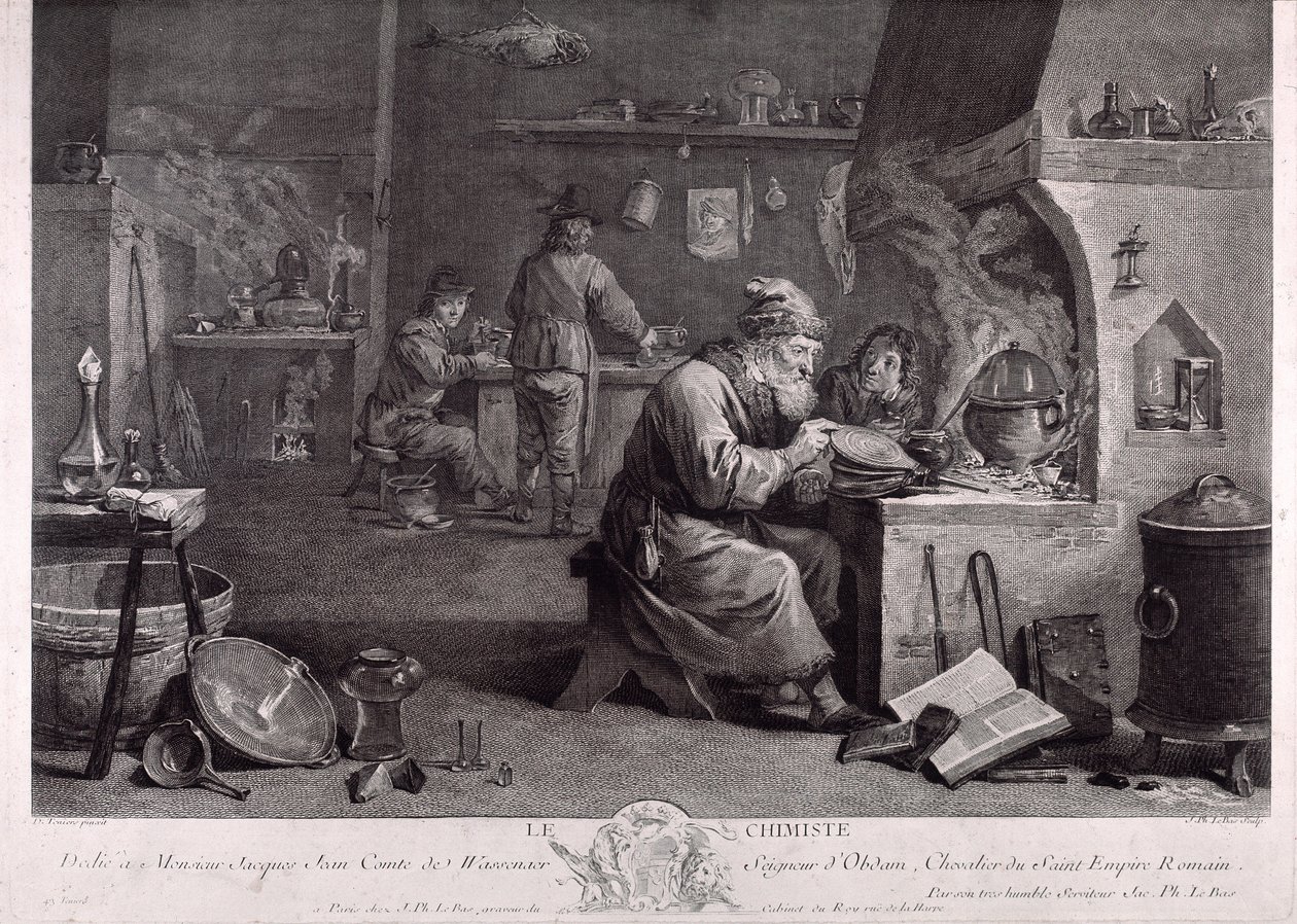 O laboratório do alquimista (gravura) de David Teniers the Younger