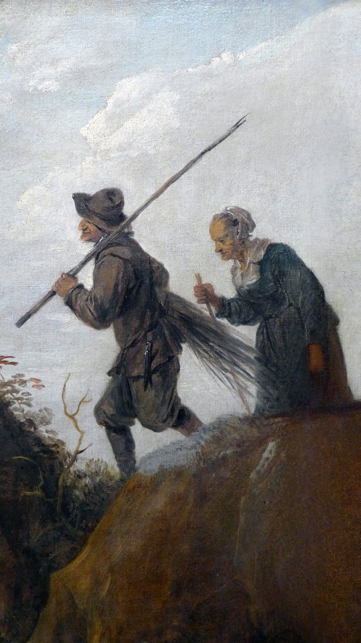 Os lenhadores: detalhe casal de dois antigos camponeses de David Teniers the Younger