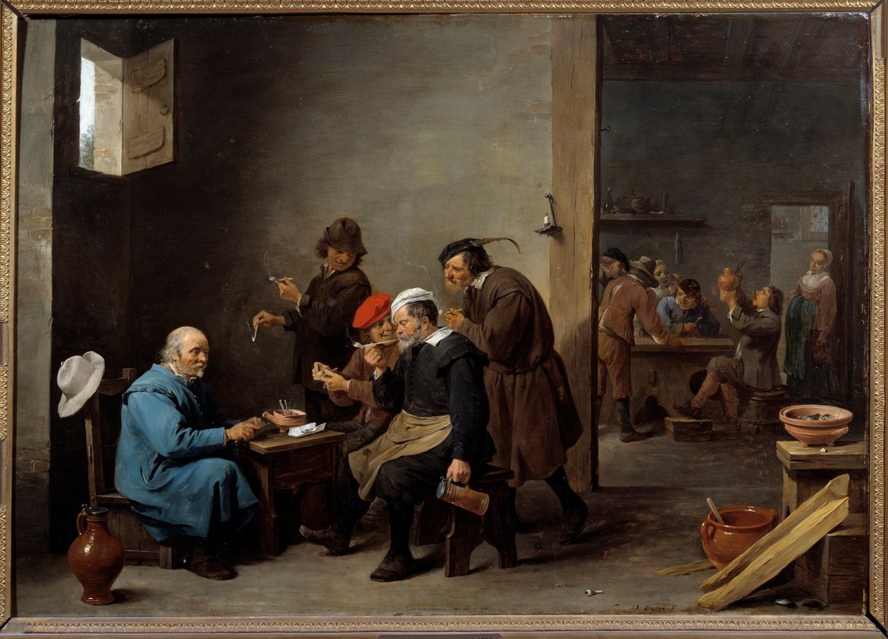 O homem com o chapéu branco Grupo de homens fumando o cachimbo em uma pousada. Pintura de David Teniers II, o jovem (1610-1690) de David Teniers the Younger