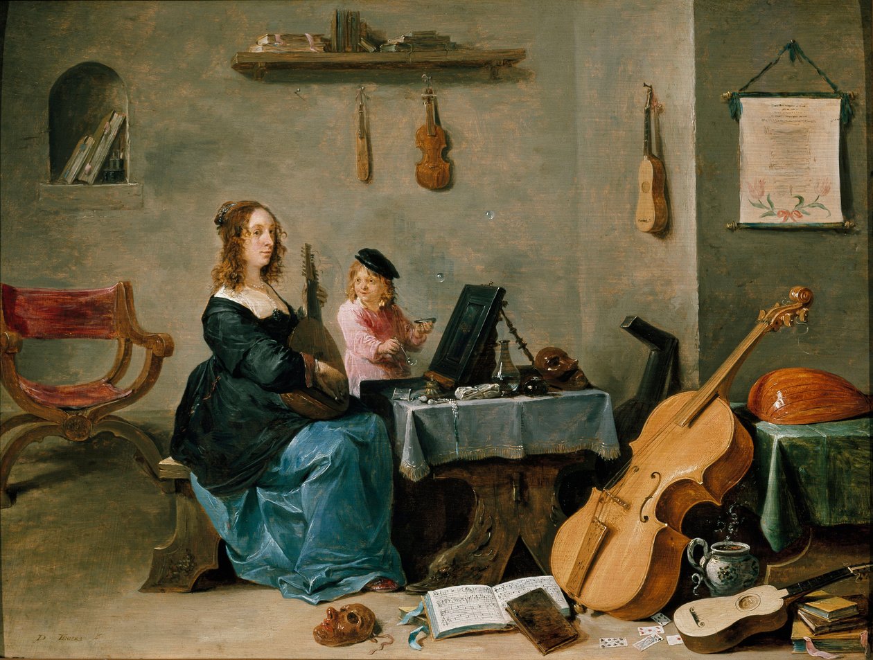 A mulher e o filho do pintor Retrato da família do artista, a jovem toca música numa sala cheia de instrumentos enquanto a criança faz bolhas de sabão. Pintura de David Teniers the Young (1610-1690) Século XVII Turim Galleria Sabauda Itália de David Teniers the Younger