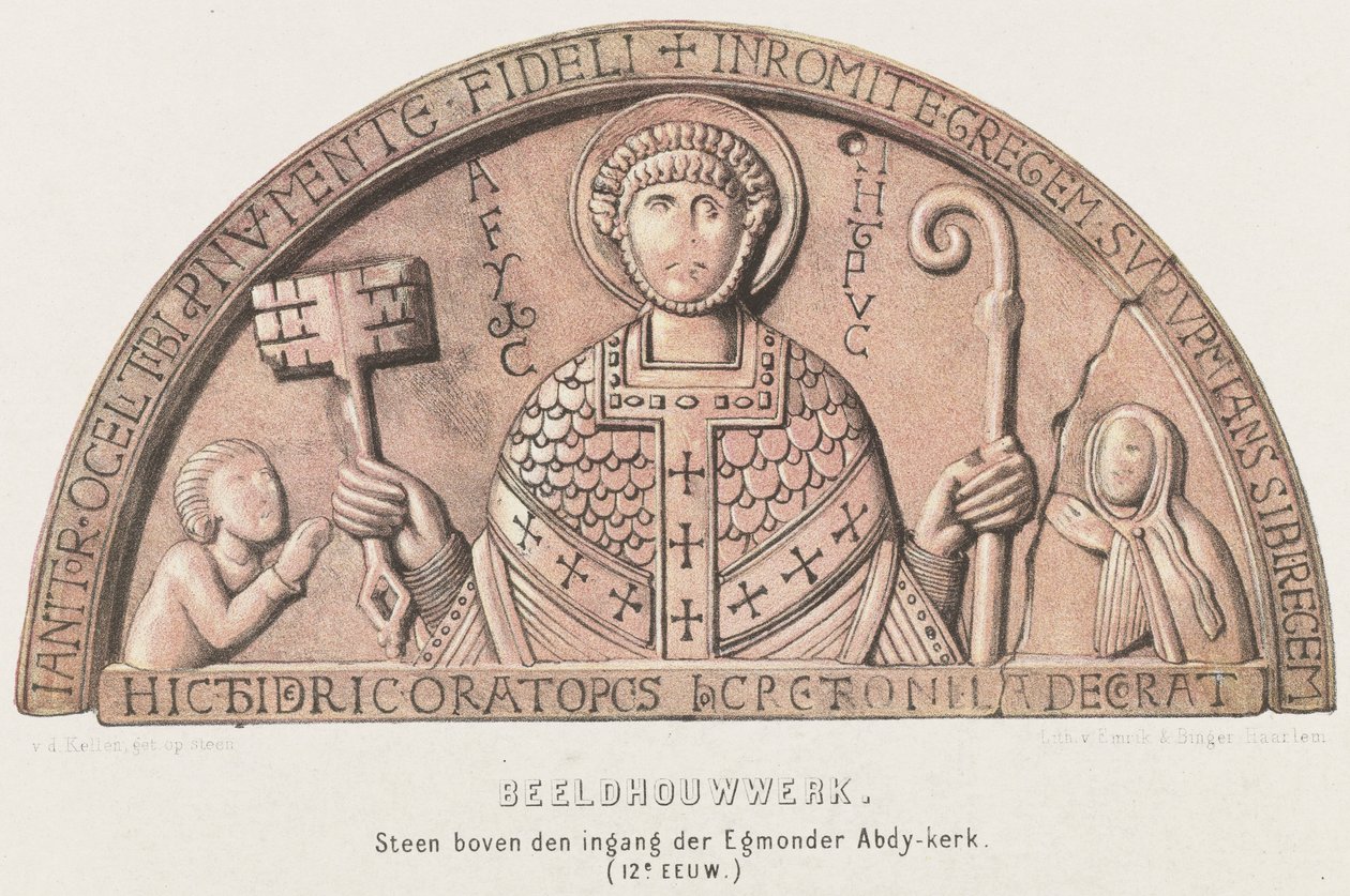 Tympaan van Egmond: tambor de arco com Petrus, Conde Dirk VI da Holanda e sua mãe, Condessa Petronella, c. 1120 Escultura. Pedra acima da entrada da igreja Egmander Abdy (século XII) (título no objeto) de David van der Kellen