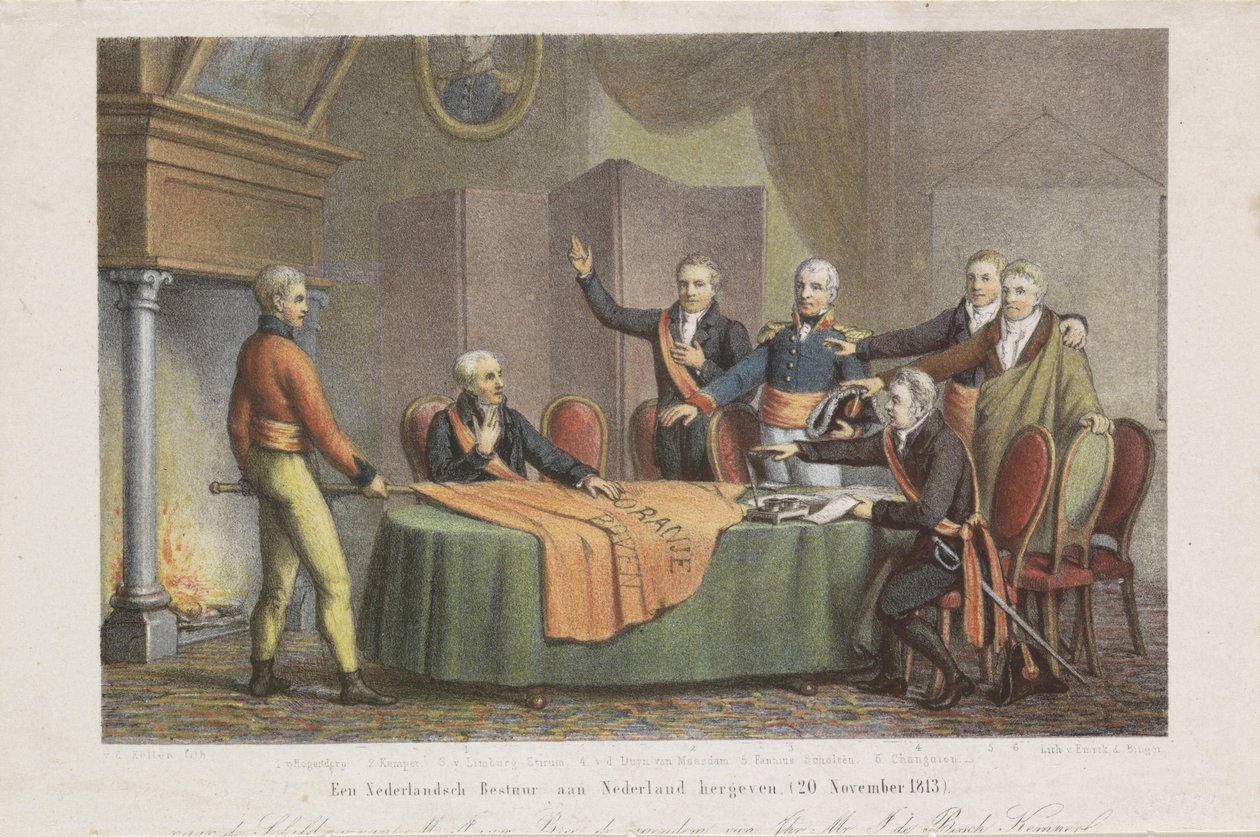 Aceitação do Alto Reinado pelo Triunvirato em nome do Príncipe de Orange, 21 de novembro de 1813 Restaurar um governo holandês para a Holanda. (20 de novembro de 1813) (título no objeto) de David van der Kellen