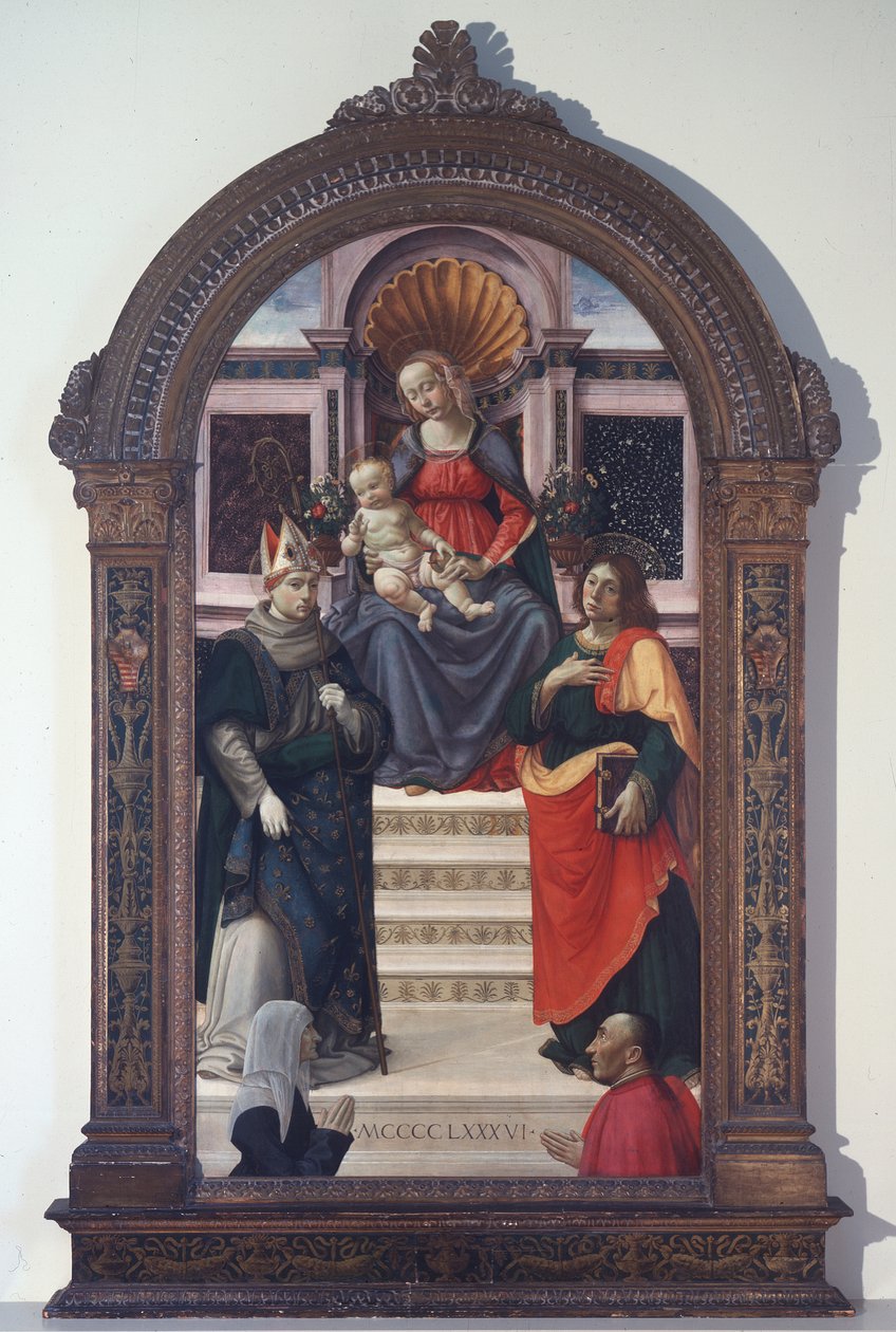 A Madona e o Menino com São Luís de Toulouse, João Evangelista e os Doadores de Davide Ghirlandaio