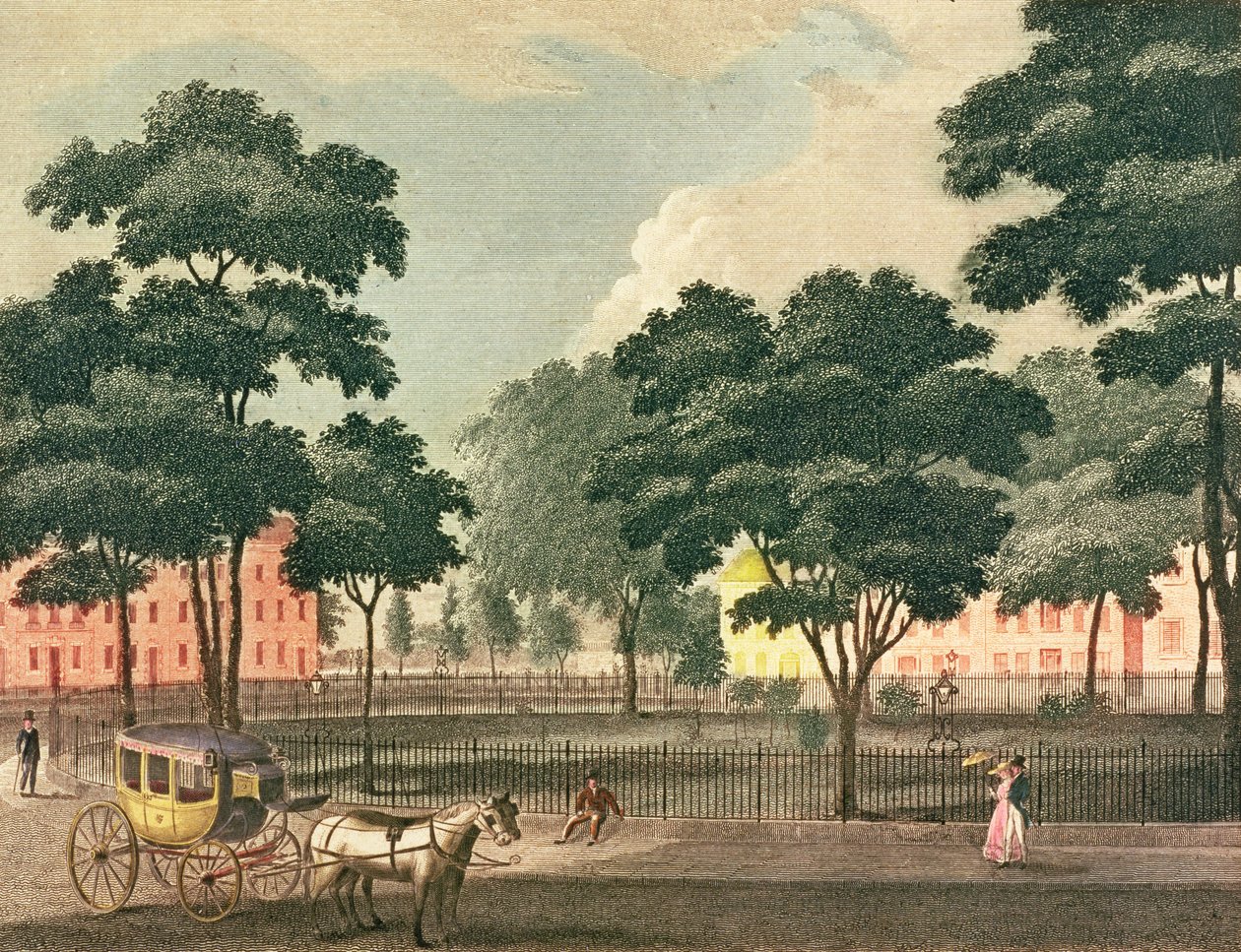 Vista do Bowling-Green, Broadway, desenhada e gravada para o New York Mirror, 1830 (gravura a cores) de Davis