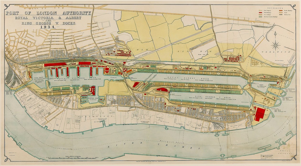 Royal Victoria and Albert e King George V Docks 1934, c.1934 (gravura) de Day & Son Vincent Brooks