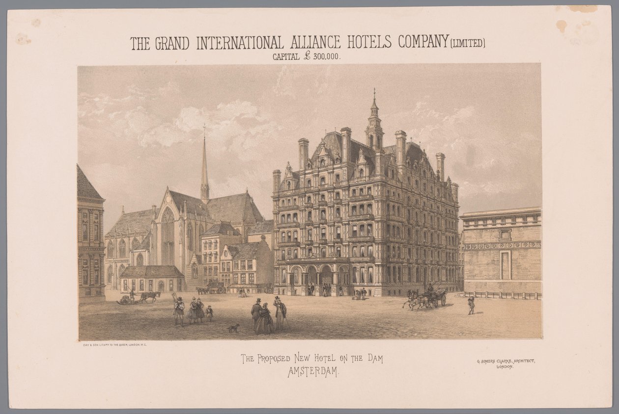 Ontwerp voor een voorgesteld hotel op de Dam em Amesterdão
O Novo Hotel proposto na Barragem de Amesterdão (título sobre o objecto)
The Grand International Alliance Hotels Company (Limited) capital £ 300,000 (título sobre o objecto) de Day and Co.