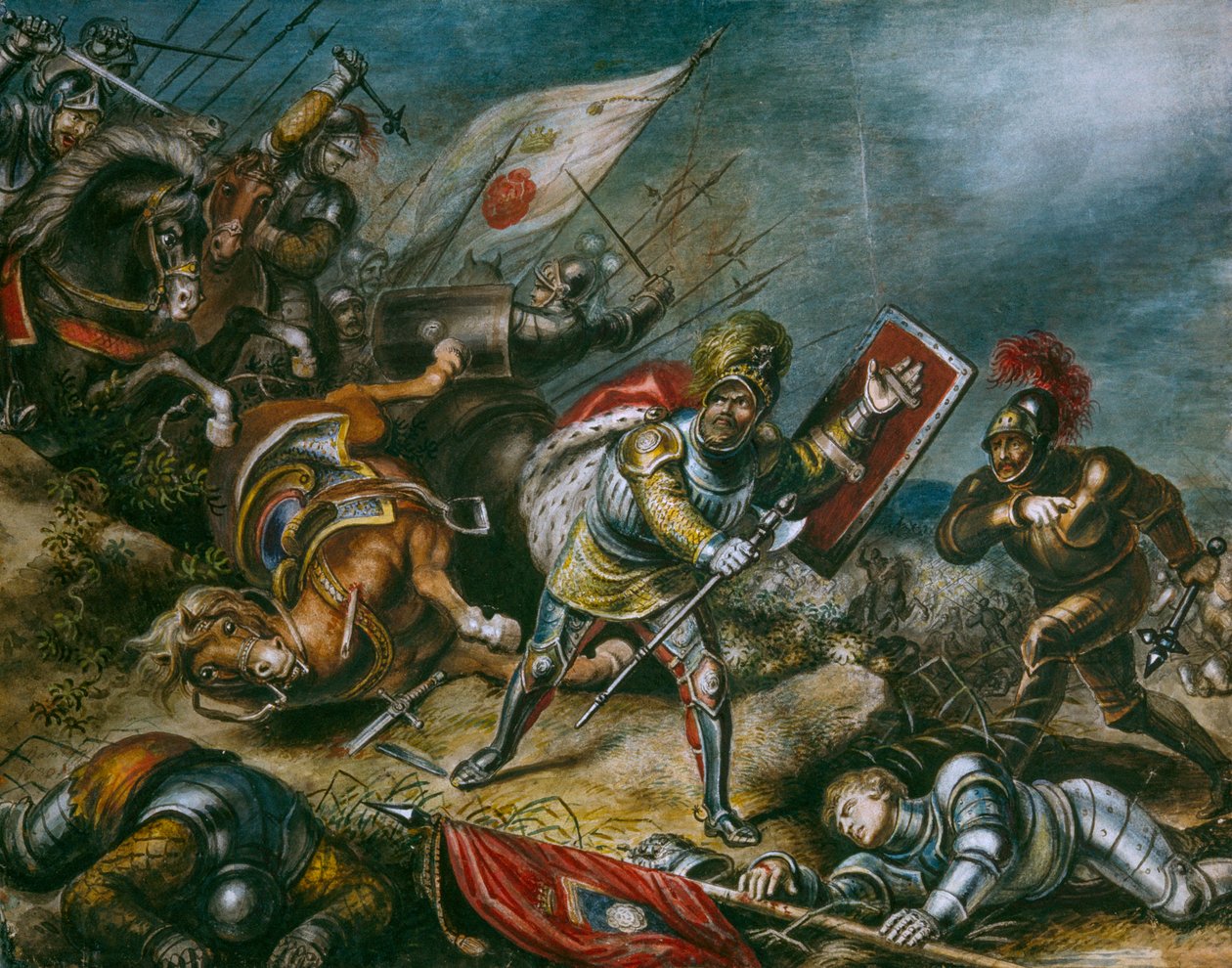 Uma pintura que retrata Ricardo III a lutar a pé no Campo de Bosworth. Obra de arte. de Dean Conger
