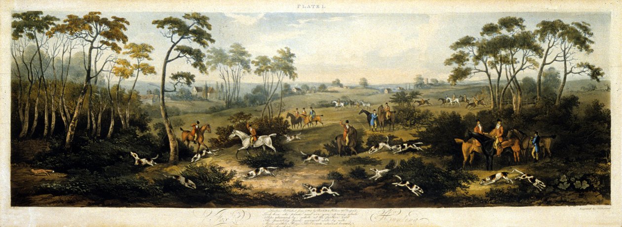 Foxhunting, placa 1, gravada por Thomas Sutherland (1785-1838) 1817 (cor litho) de Dean Snr. (after) Wolstenholme