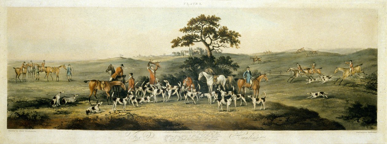 Foxhunting, placa 3, gravada por Thomas Sutherland (1785-1838) 1817 (cor litho) de Dean Snr. (after) Wolstenholme