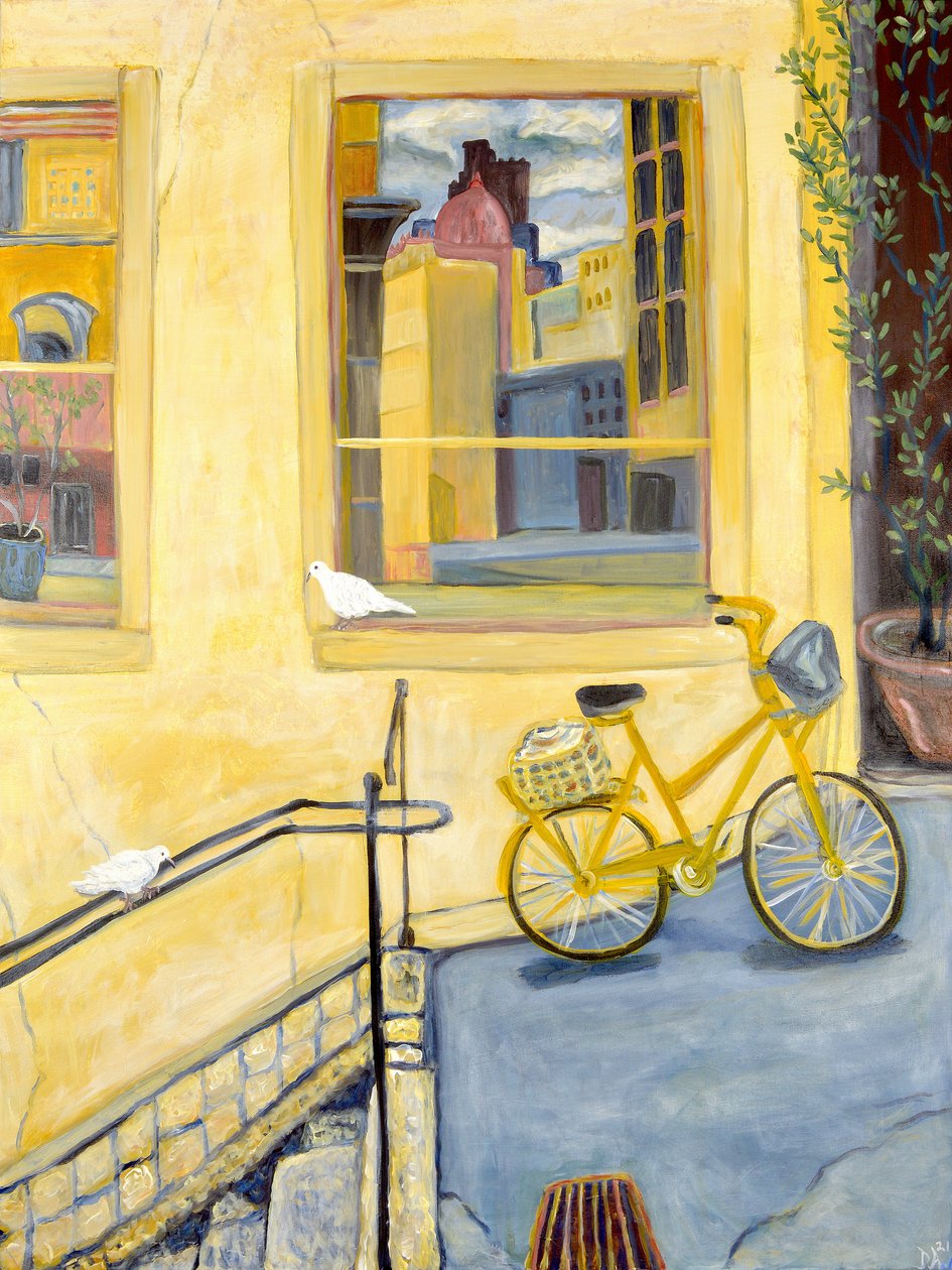 Bicicleta amarela, 2022 (acrílico sobre tela) de Deborah Eve Alastra