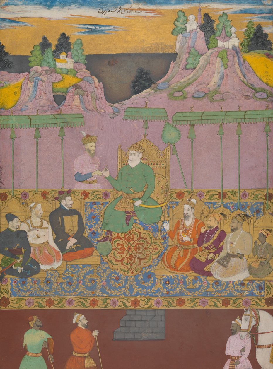 A Casa de Bijapur, c.1680 (tinta, aquarela opaca, ouro e prata sobre papel) de Deccani School