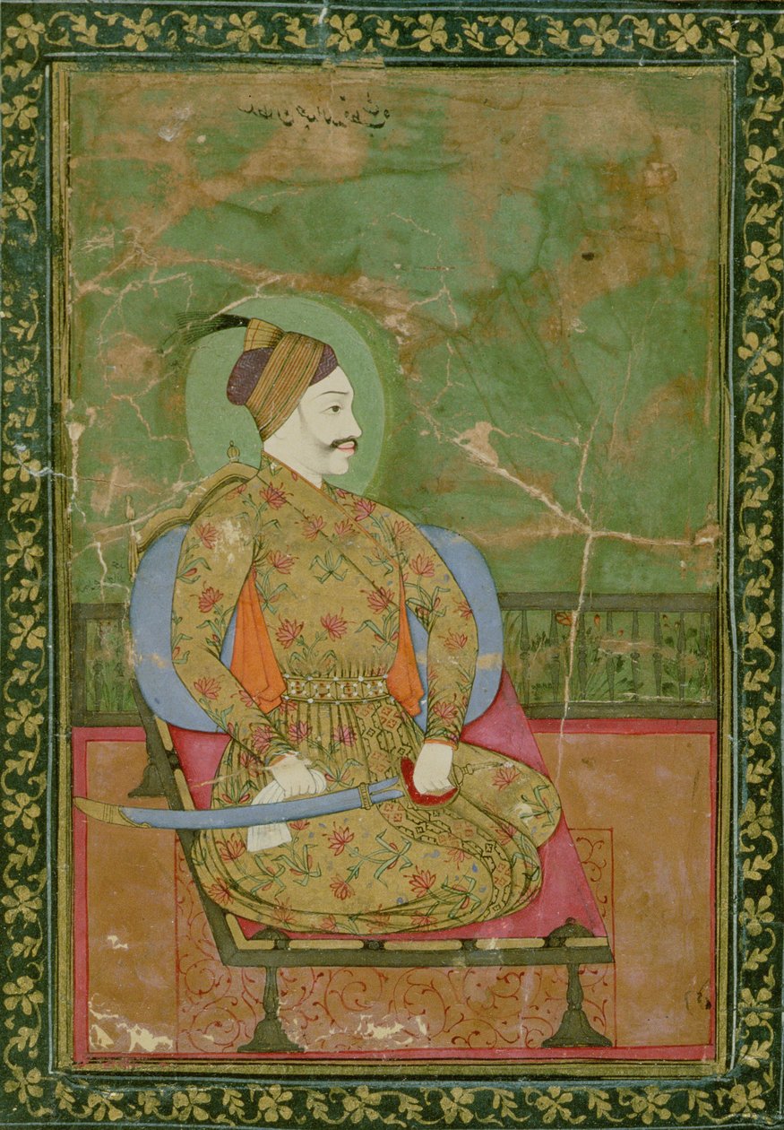 58.2025A Retrato do sultão Abdullah Qutb Shah sentado, Golconda, 1670, (guache sobre papel de ouro e borda estampada dourada floral) de Deccani School