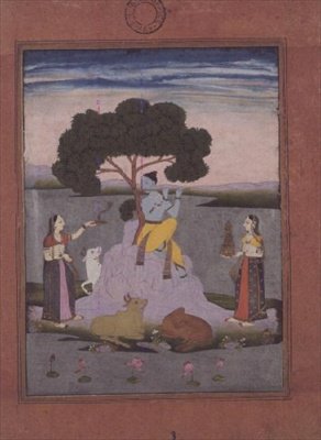 BL cat. no.428, de um Johnson Album no. 20 item 3, Krishna tocando a dois gopis, Hyderabad, c.1770 (gouache com ouro, borda cor-de-rosa) de Deccani School