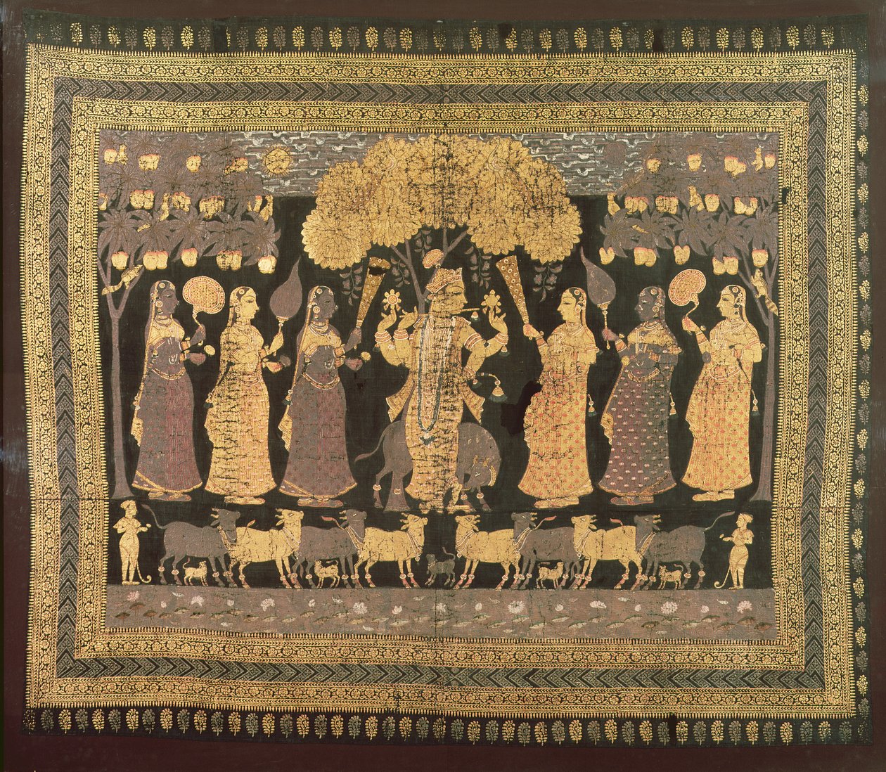 Krishna e seus Gopis (aquarela opaca, ouro e prata sobre algodão tingido) de Deccani School