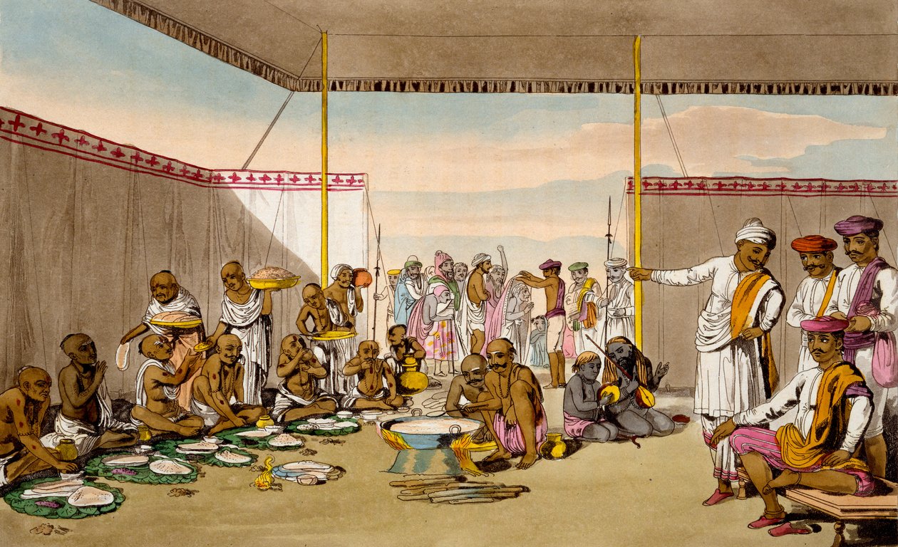 Um Mahratta Surdar entretendo os Brahmins, de &39;O Traje, Caráter, Maneiras, Hábitos Domésticos e Cerimônias Religiosas dos Mahrattas&39; de TD Broughton, gravura de Baxter, 1813 de Deen Alee