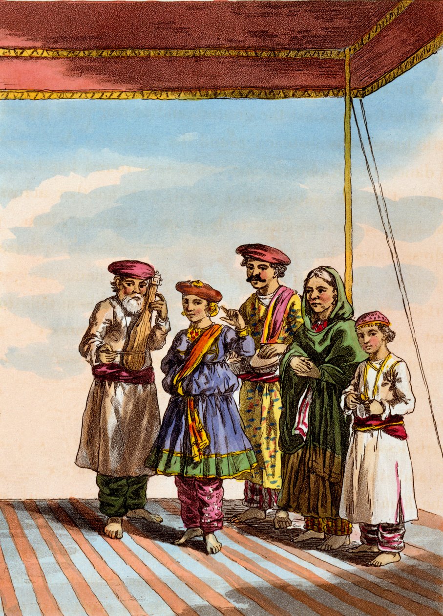 Uma menina dançando o Kuharwa, de &39;O traje, caráter, maneiras, hábitos domésticos e cerimônias religiosas dos mahrattas&39; por TD Broughton, gravura por JA Atkinson, 1813 de Deen Alee