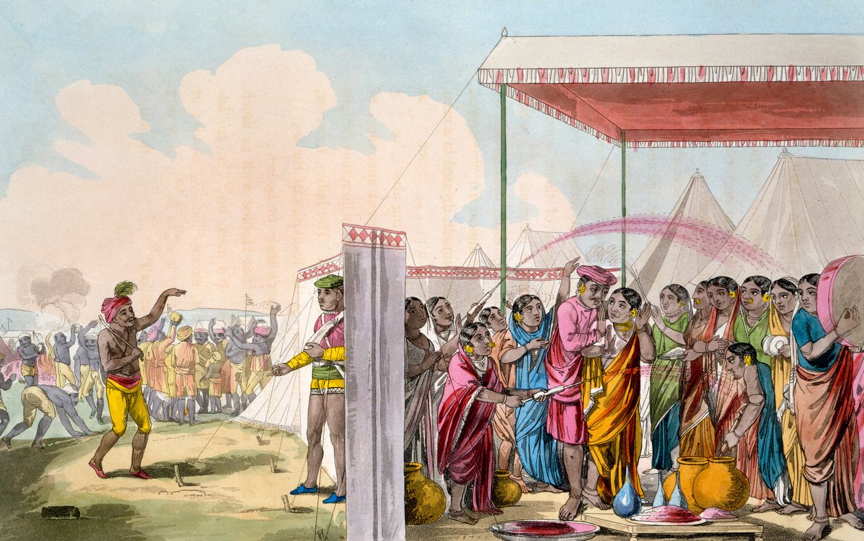 Jogando o Hohlee, de &39;O traje, caráter, maneiras, hábitos domésticos e cerimônias religiosas dos Mahrattas&39; por TD Broughton, gravura por Baxter, 1813 de Deen Alee