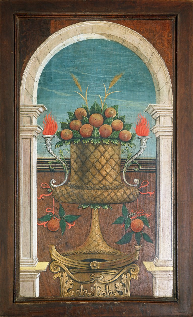 Cesta de frutas, pintura do Defendente Ferrari (1480 ou 1485-1540) na parte traseira do coro do século XVI, Igreja de São Jerônimo, Biella. Itália de Defendente Ferrari
