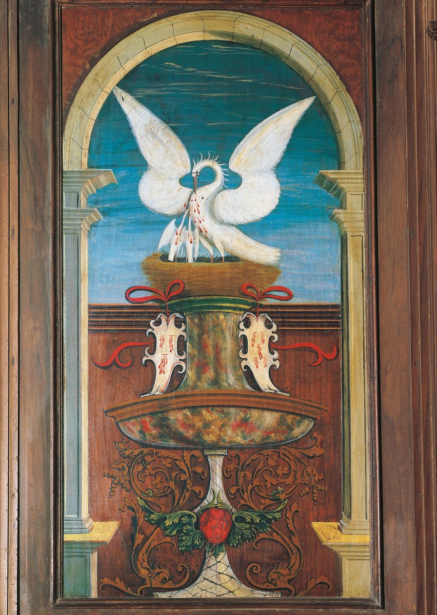 Fonte pintada pelo Defendente Ferrari (1480 ou 1485-1540), na parte posterior do coro do século XVI, Igreja de São Jerônimo, Biella. Itália de Defendente Ferrari