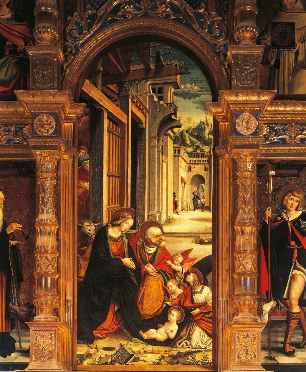 Natividade, detalhe do retábulo do século XVI, por Defendente Ferrari (1480 ou 1485-1540), Abadia de Santo Antônio de Ranverso, Buttigliera Alta, Itália de Defendente Ferrari
