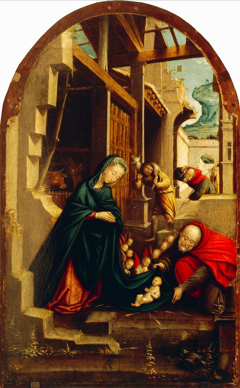 Natividade com anjos adoradores e pastores, pelo Defendente Ferrari (ativo por volta de 1500-1535) de Defendente Ferrari