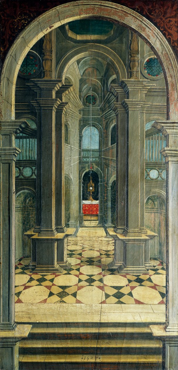 Perspectiva pintada pelo Defendente Ferrari (1480 ou 1485-1540), na secção traseira do coro do século XVI, Igreja de São Jerónimo, Biella, Itália de Defendente Ferrari