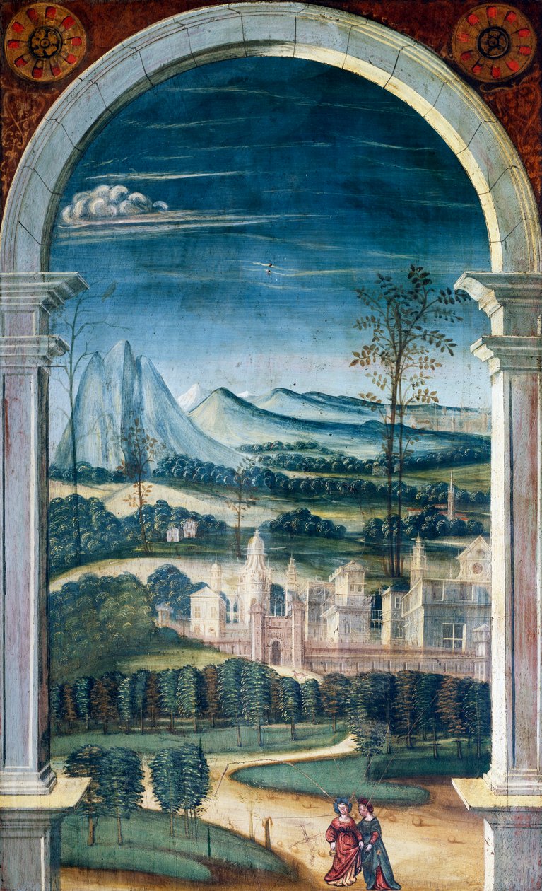Perspectiva pintada pelo Defendente Ferrari (1480 ou 1485-1540), na secção traseira do coro do século XVI, Igreja de São Jerónimo, Biella, Itália de Defendente Ferrari