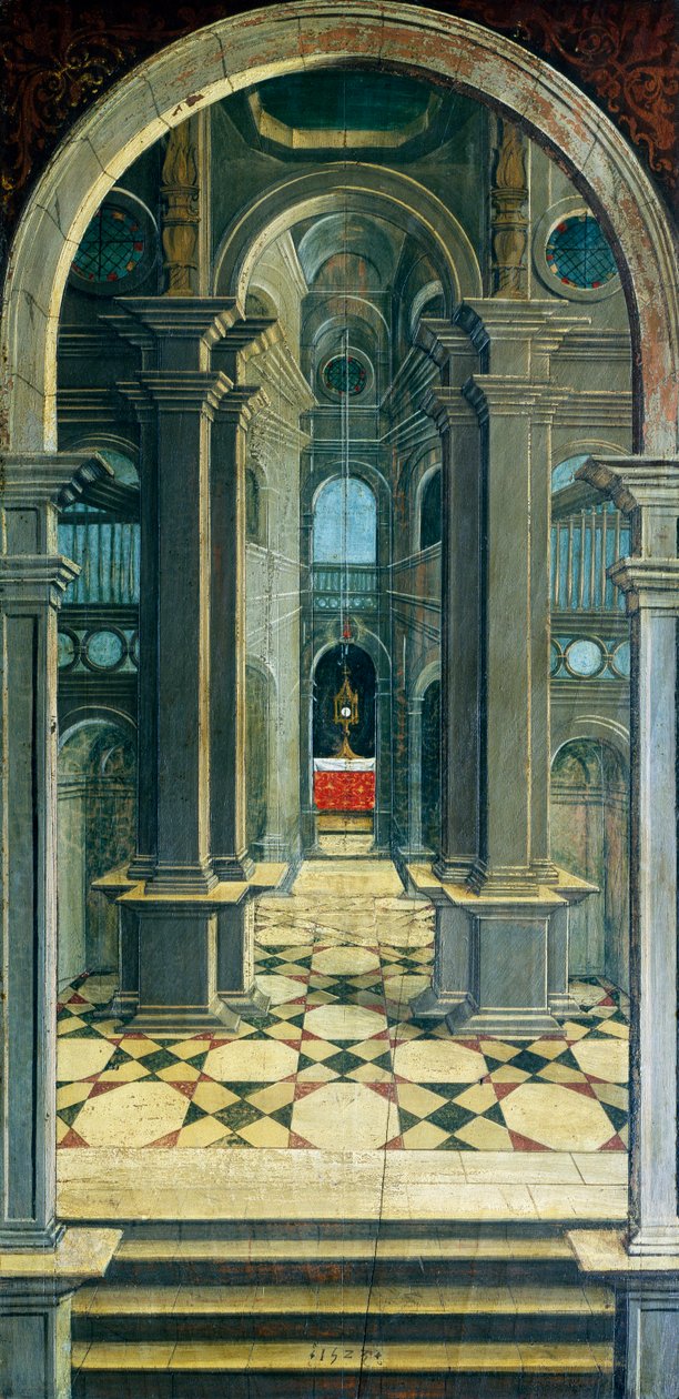 Perspectiva pintada pelo Defendente Ferrari (1480 ou 1485-1540), na parte posterior do coro do século XVI, Igreja de São Jerônimo, Biella. Itália de Defendente Ferrari